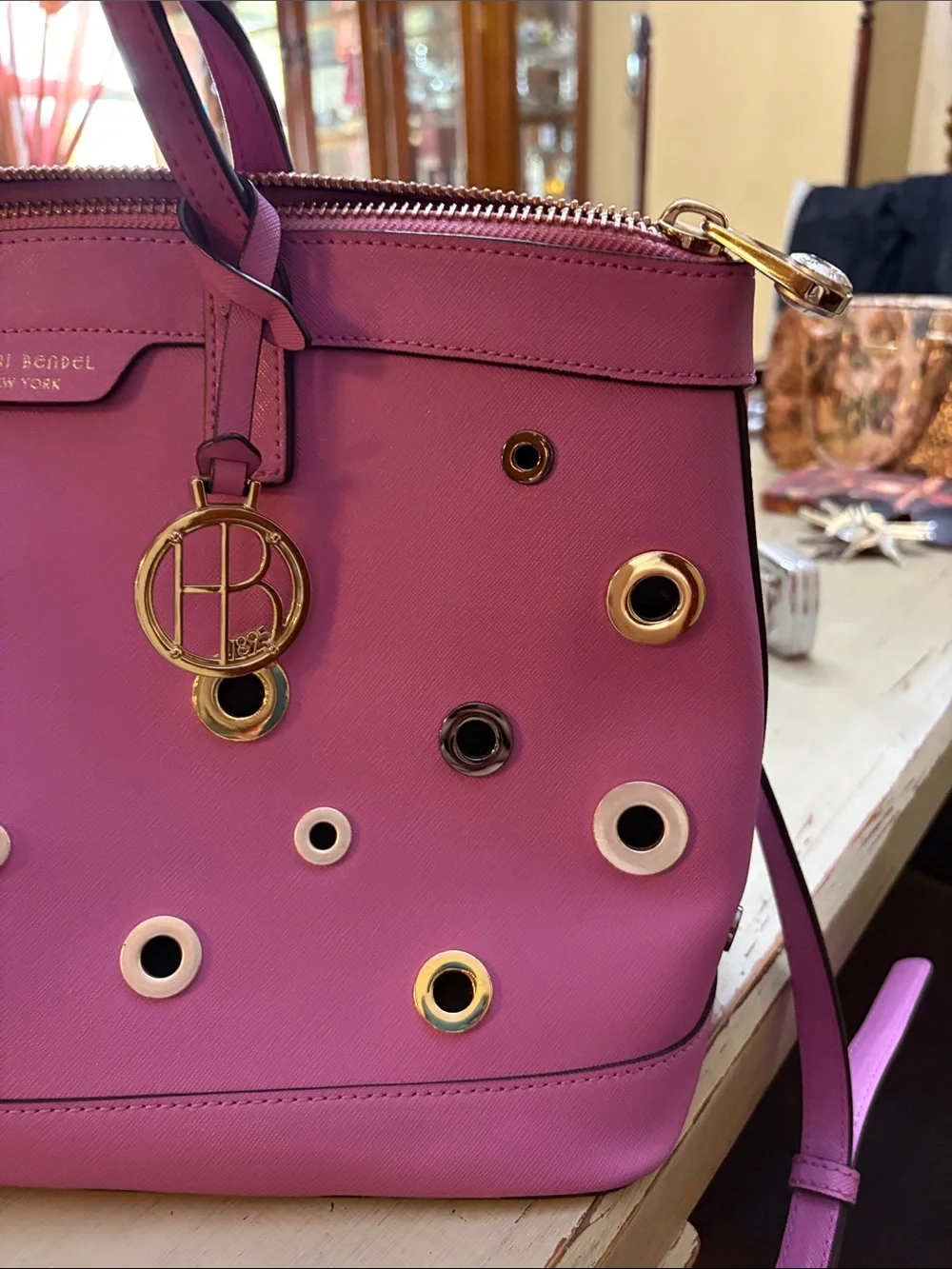 Henri Bendel West 57th Pink Eyelet Satchel with Gold-Tone Hardware